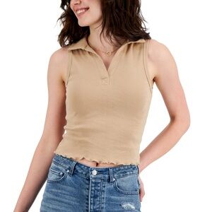 Just Polly Juniors Cropped Polo Tank Top Taupe Size XL